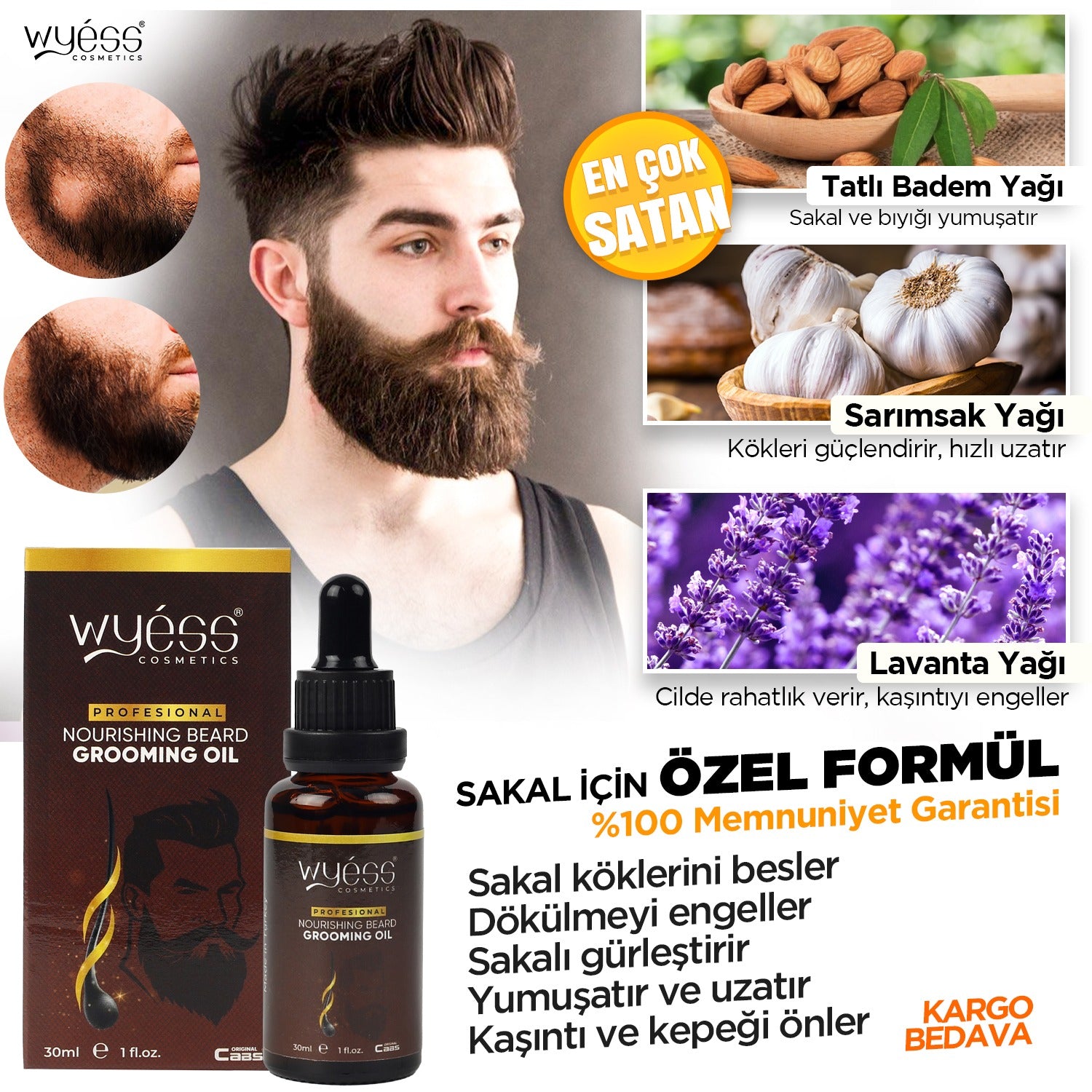 Wyess Beard Oil for Men Beard Growth Oil Kit Natural Beard Conditioner Moisturizer 30ml